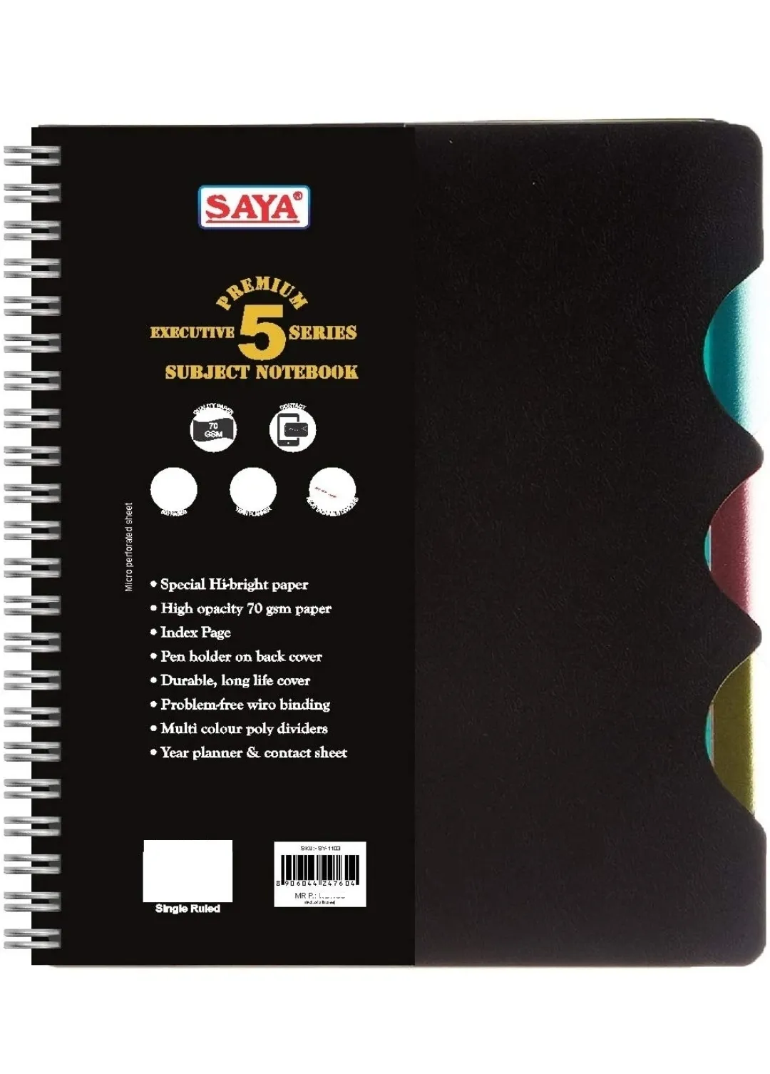 Saya Premium 5 Subject, Spiral Note Book, Executive Series, Single Line, 300 Pages, 27.9 X 21.6 cm, Pack of 1