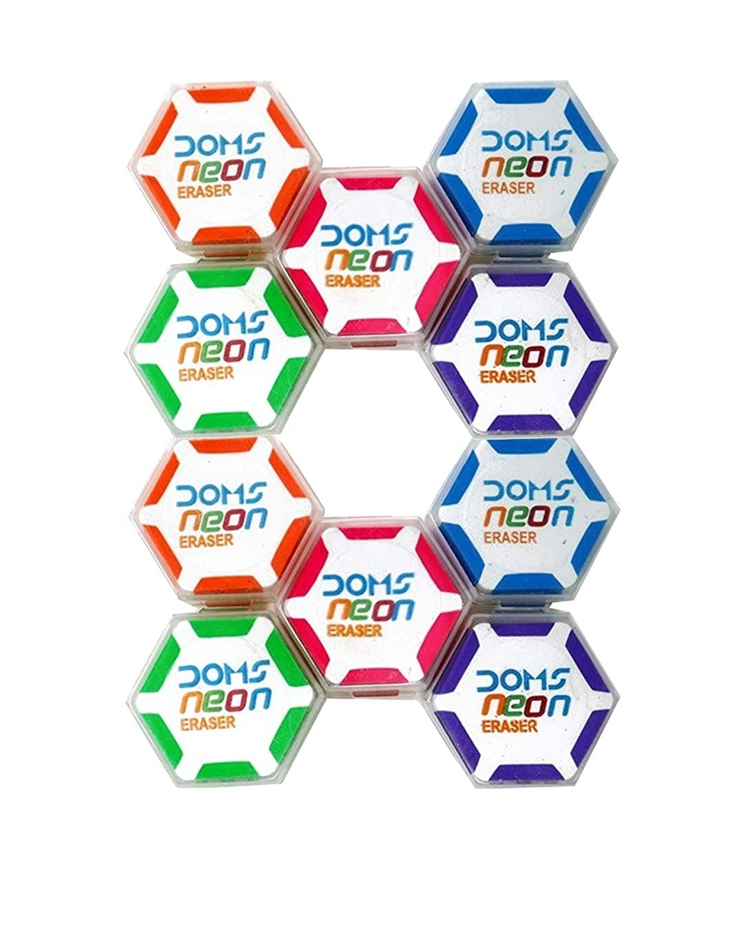 Doms Neon Hexagonal Eraser With plastic Box Pack of 10