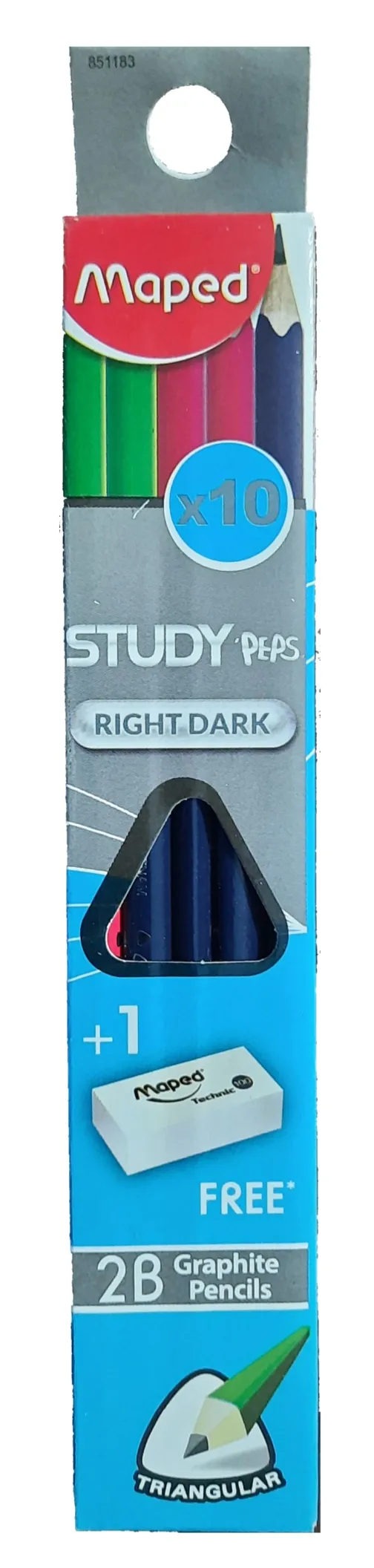 Maped Study Peps Right Dark Traigular 2B Graphite Pencils pack of 10 with 1 Eraser Free