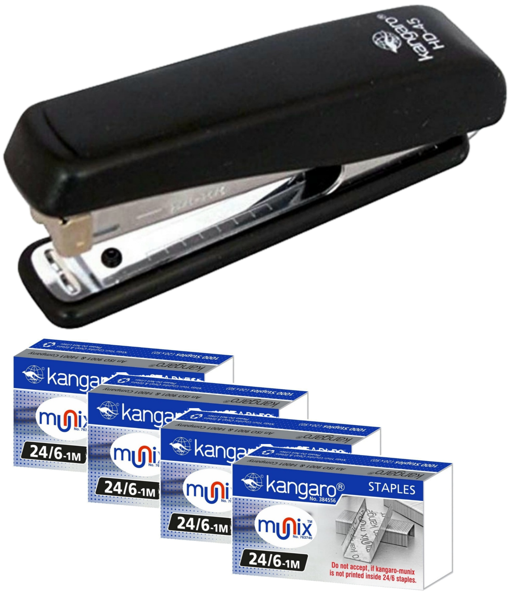 Kangaro HD-45 Stapler With 4 Packets of Staple Pin 24/6-1M Heavy Duty Steel Component With Plastic Body Combo Pack