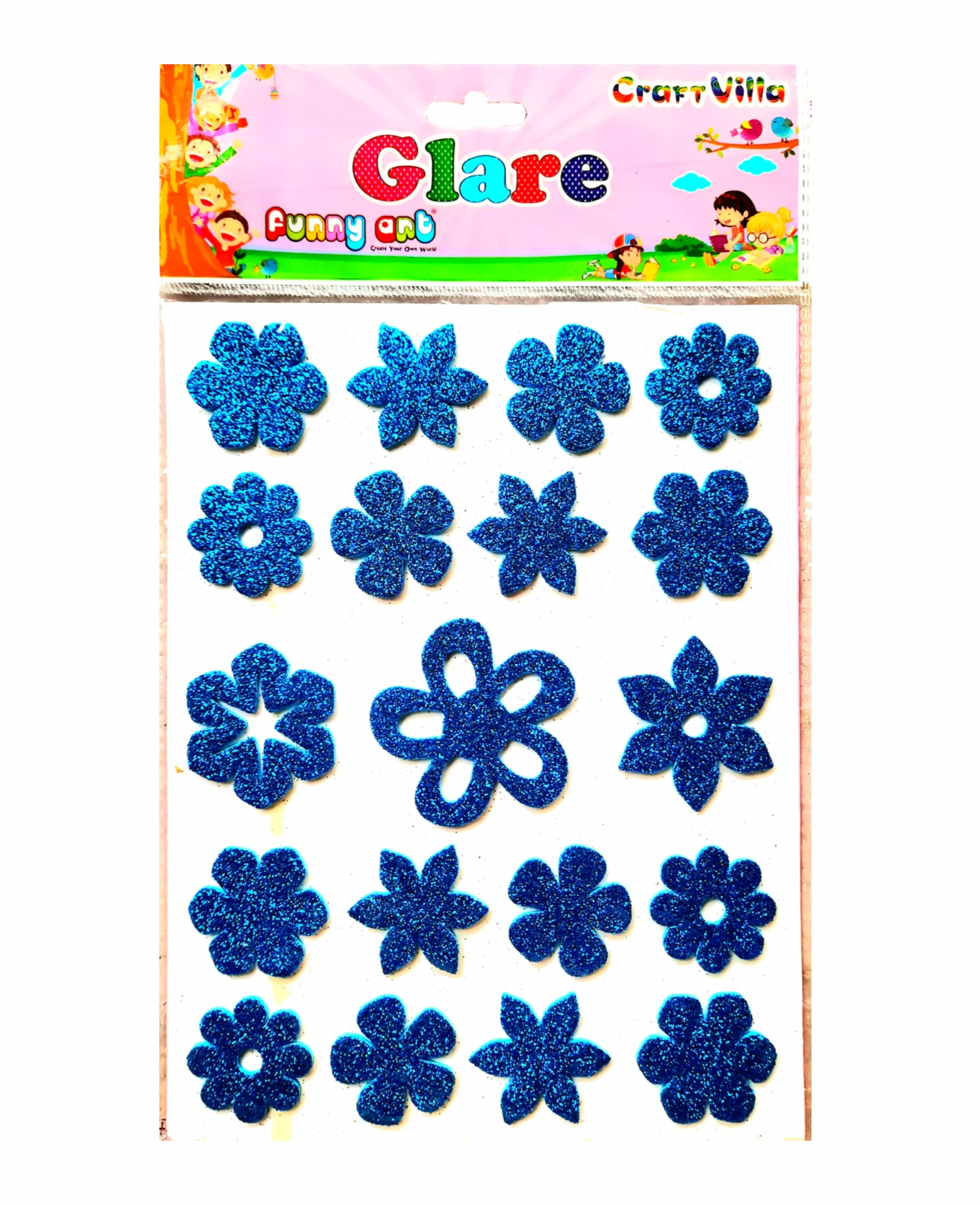 Craft Villa Glare Sparkle Glitter Self Adhesive (Blue Color) Eva Foam Sticker (Flower Shape) Stickers for Craft , DIY, Scrapbooking and Decoration etc