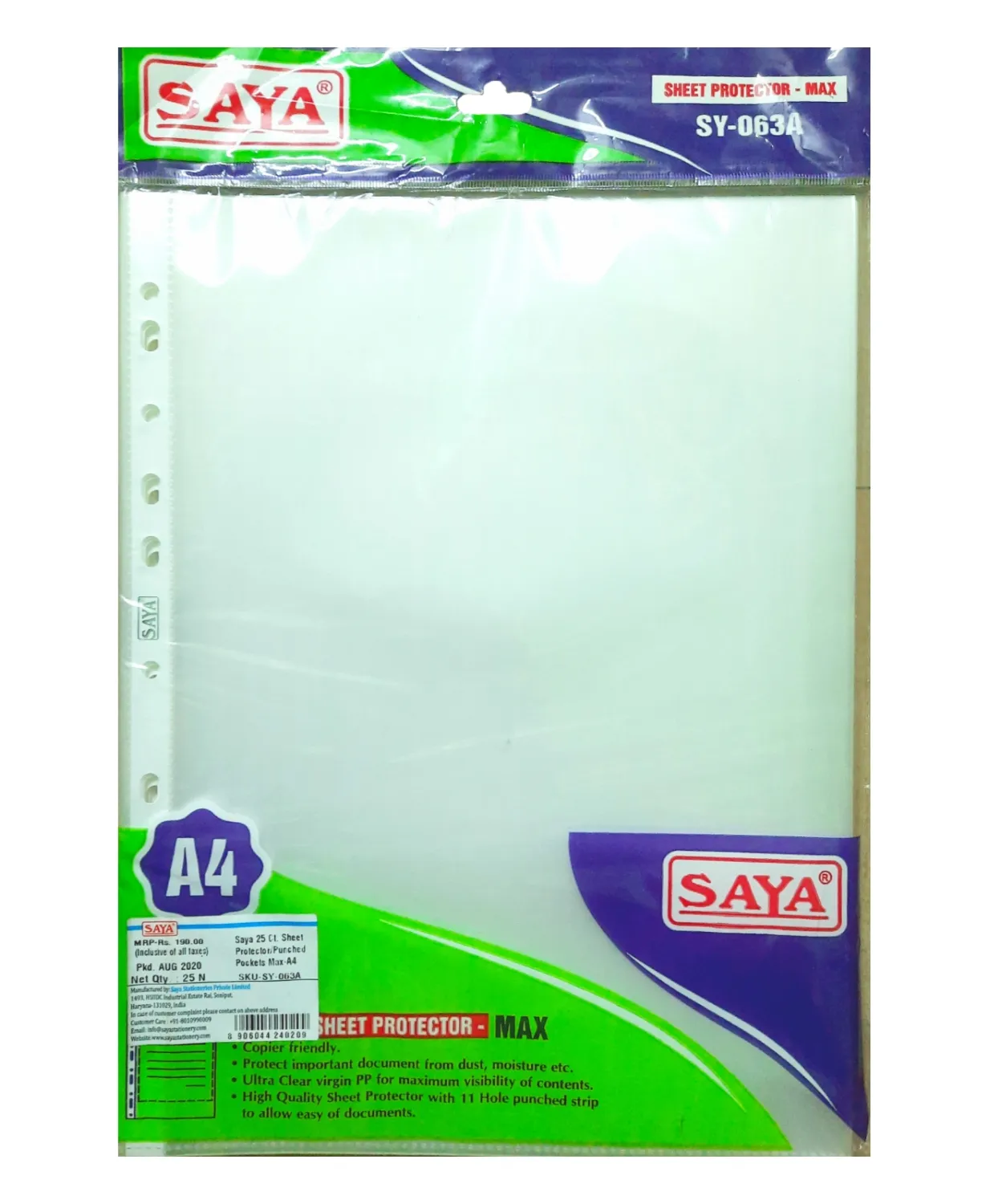 Saya Sheet Protector Max SY- 063A, A4 Size, Pack of 25
