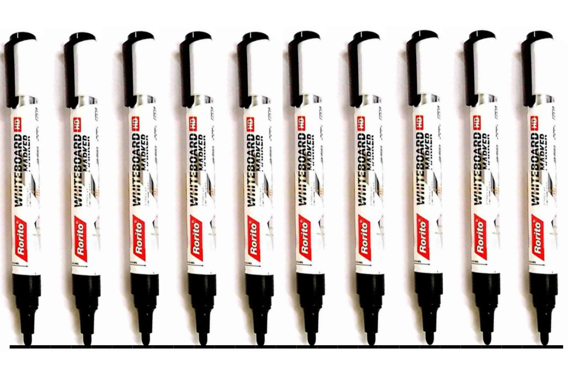 Rorito Whiteboard HD Refillable Marker Pen, Black - Pack of 10