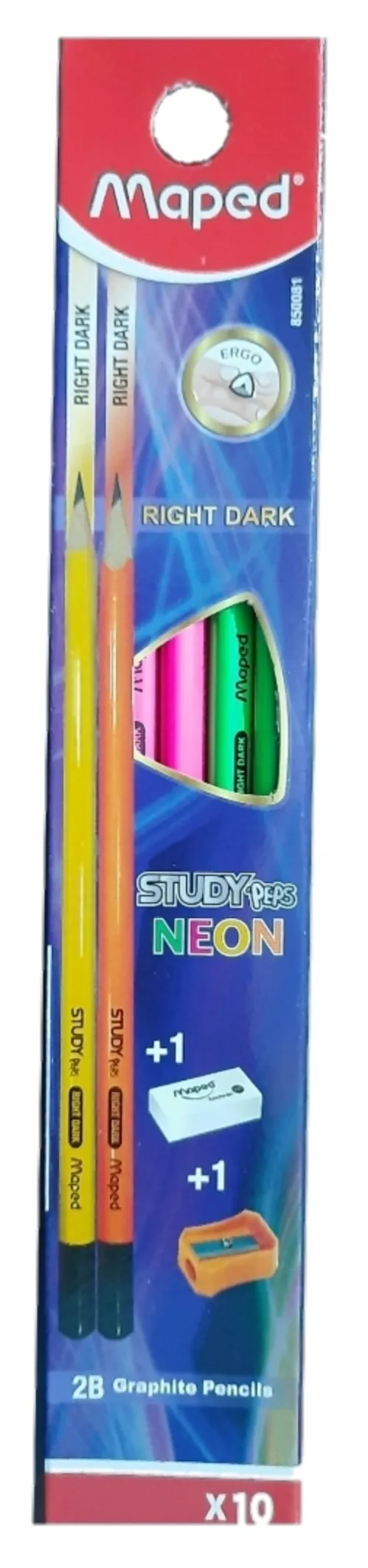 Maped Study Peps NEON Right Dark Pack of 10 Pencils with 1 Free Eraser & Sharpner