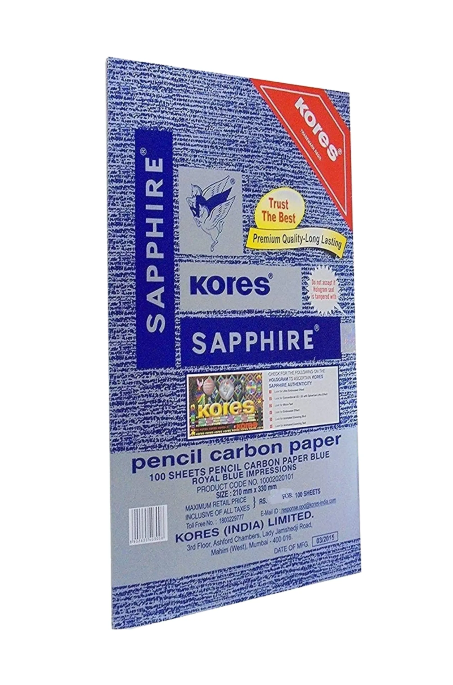 Kores Sapphire Pencil Carbon Paper, Royal Blue, 1 Pack of 100 Sheets