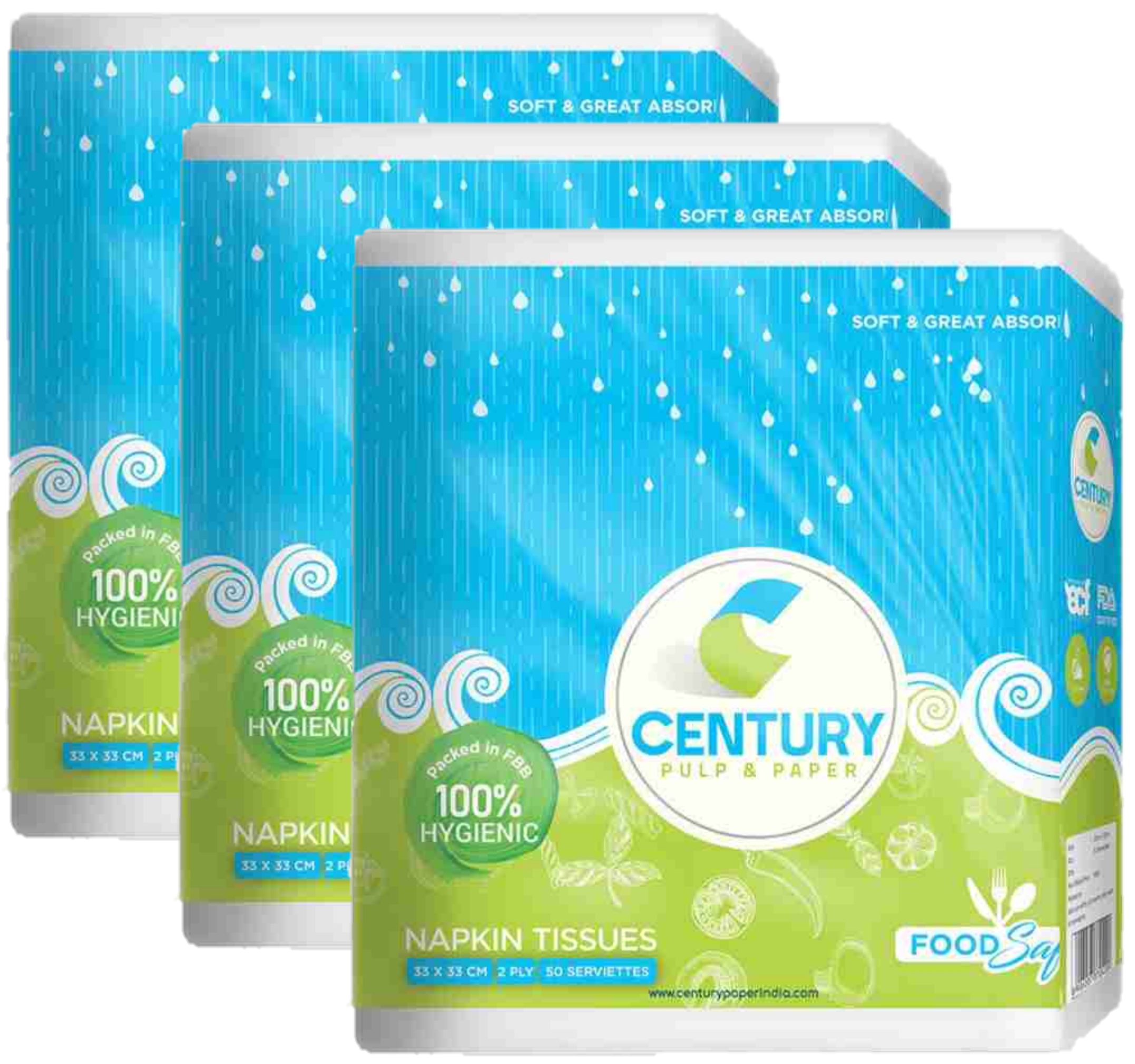 Century Food Safe Napkin Tissue (33 X 33 cm , 50 Pulls / Serviettes) - Pack Of 3