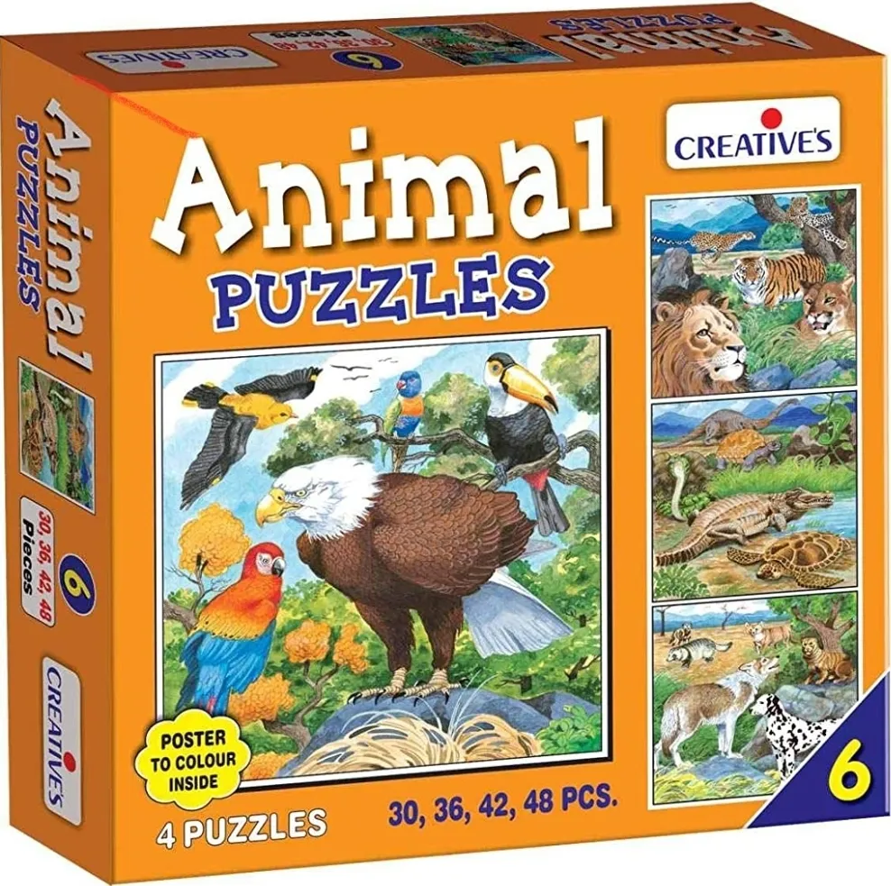 Creatives Animal Puzzles No.6 Multi Colour Jigsaw Puzzles 4 Puzzles  With Poster to Colour