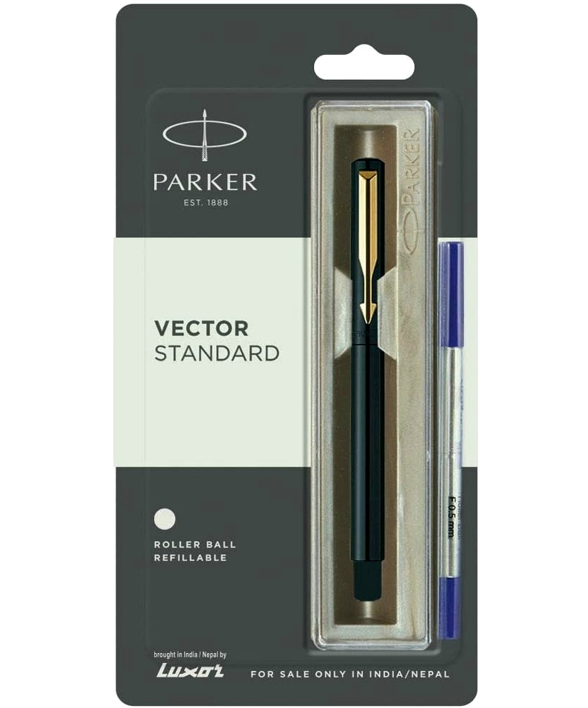 Parker Vector Standard Gold Trim Roller Ball Pen (Pack of 1) Black Body