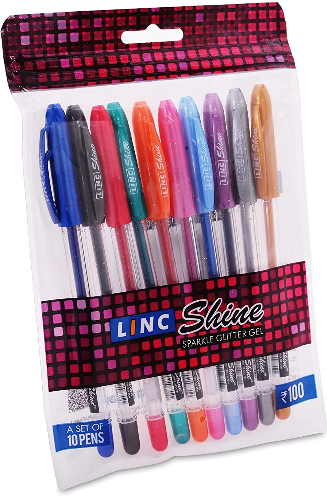 Linc Shine Sparkle Glitter Gel Pen, Multi Colour Pack of 10