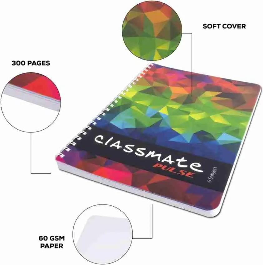 Classmate Pulse Notebook Soft Cover 6 Subject Spiral Binding Notebook Single Line 29.7 X 21 cm 300 Pages Pack of 1
