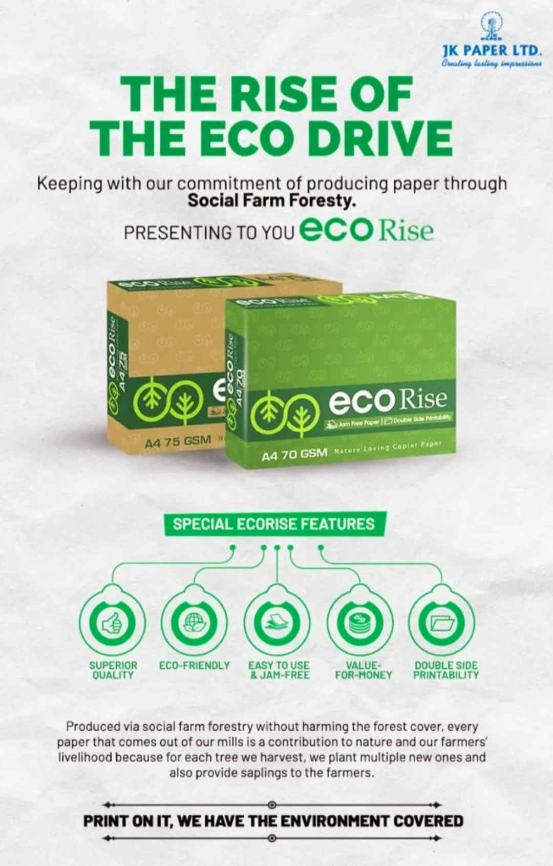 Eco Rise Printing Copy A4 Size JK Paper Eco Tree Friendly 70 GSM 500 Sheet Pack of 8