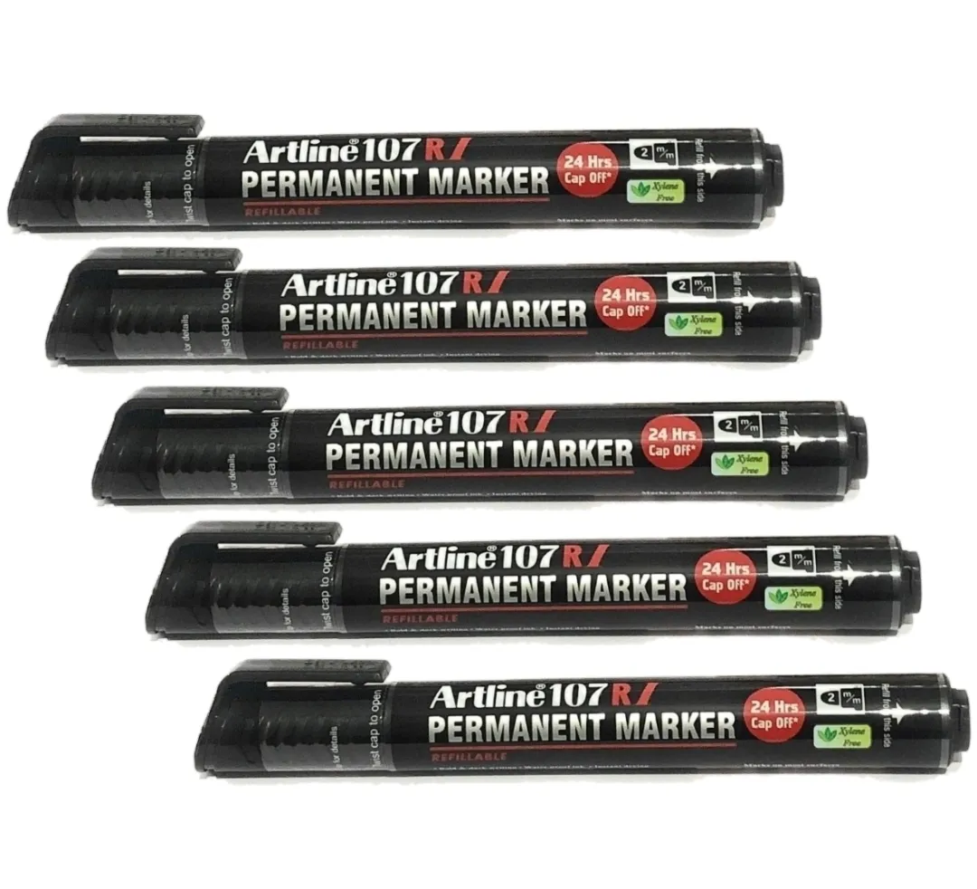 Artline Permanent Marker 107 RI Black Refillable Pack of 5 Marker