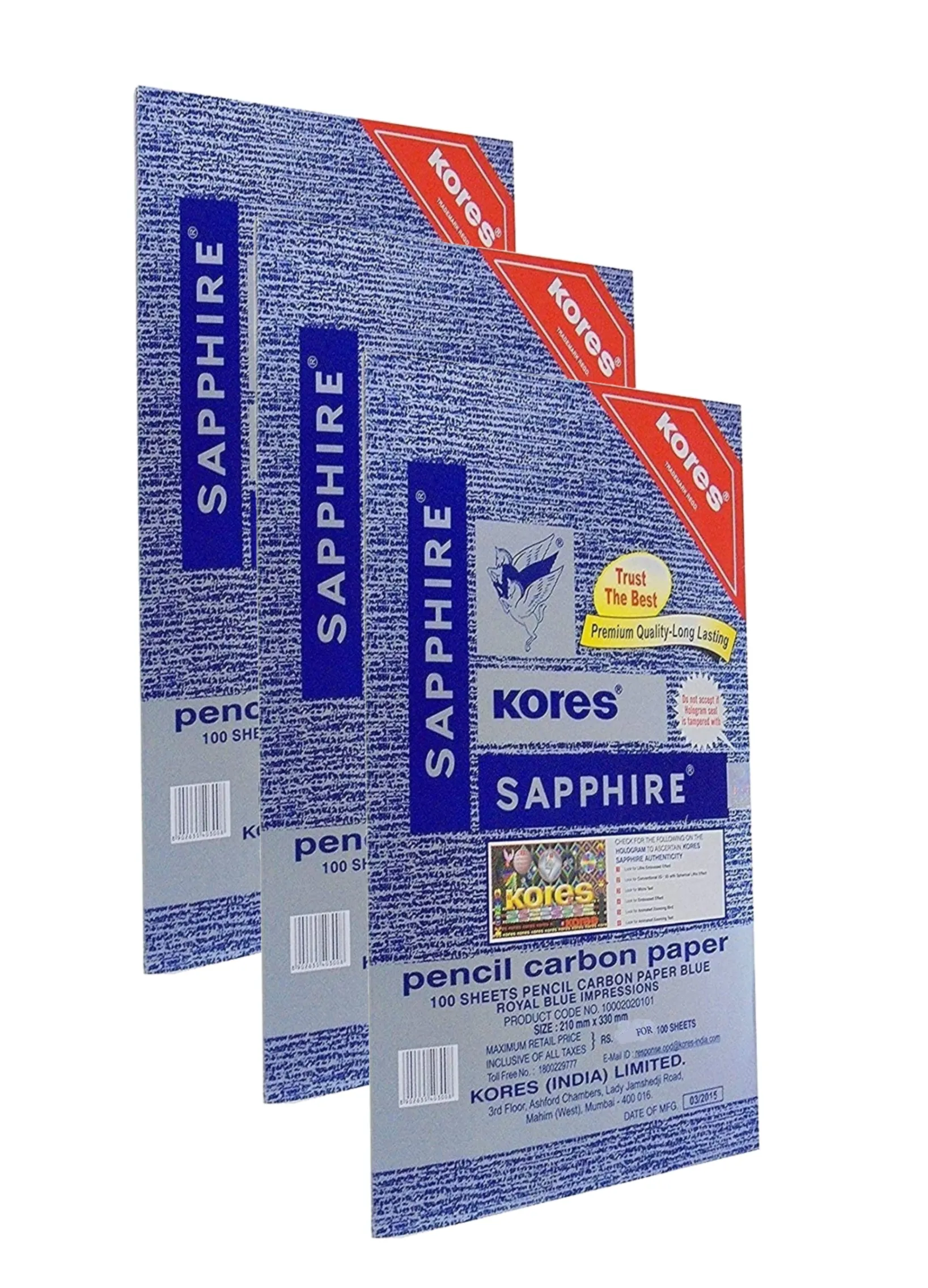 Kores Sapphire Pencil Carbon Paper, Royal Blue 100 Sheet inside Pack, (Pack of 3)