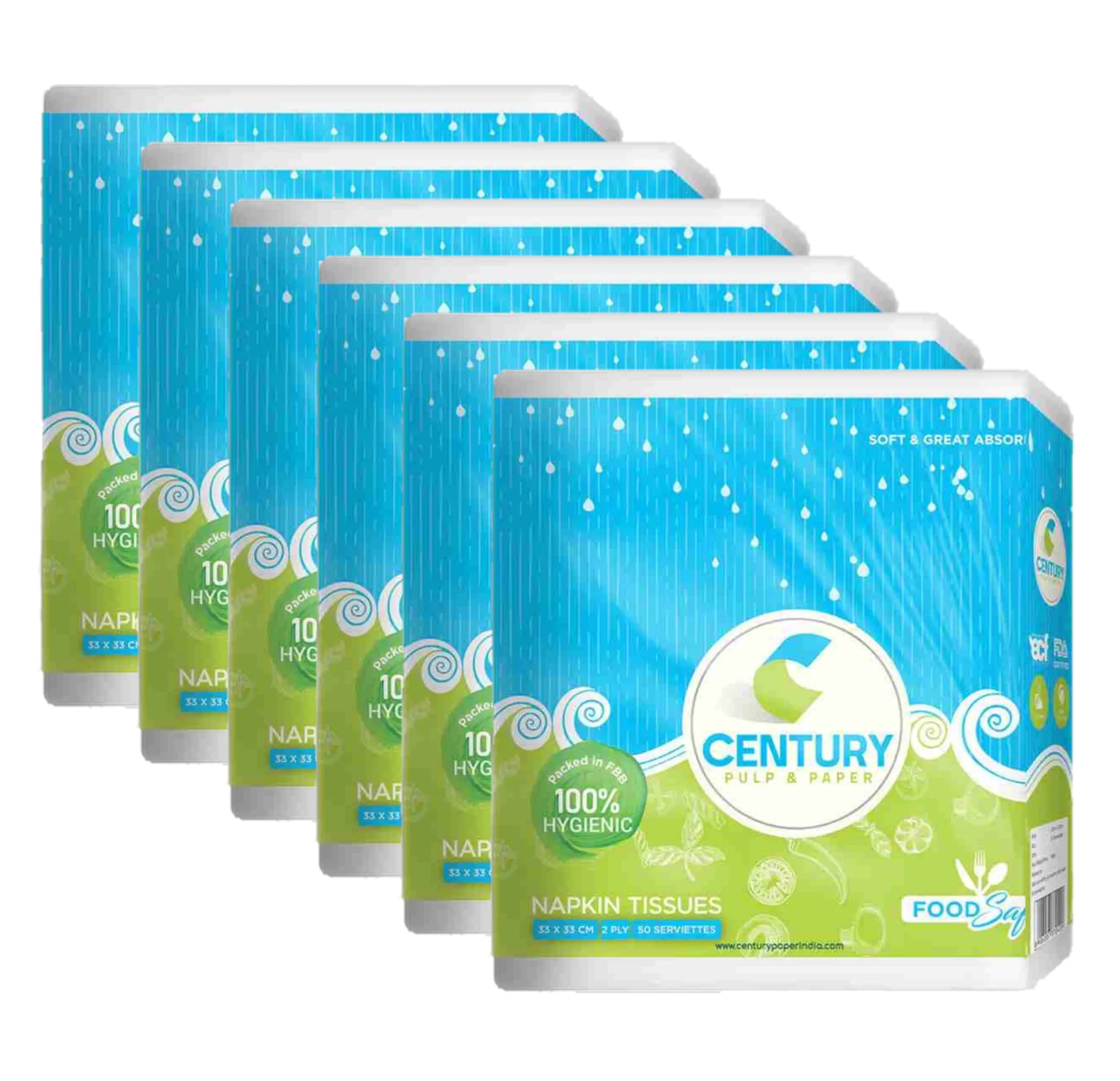 Century Food Safe Napkin Tissue (33 X 33 cm , 50 Pulls / Serviettes) - Pack Of 6