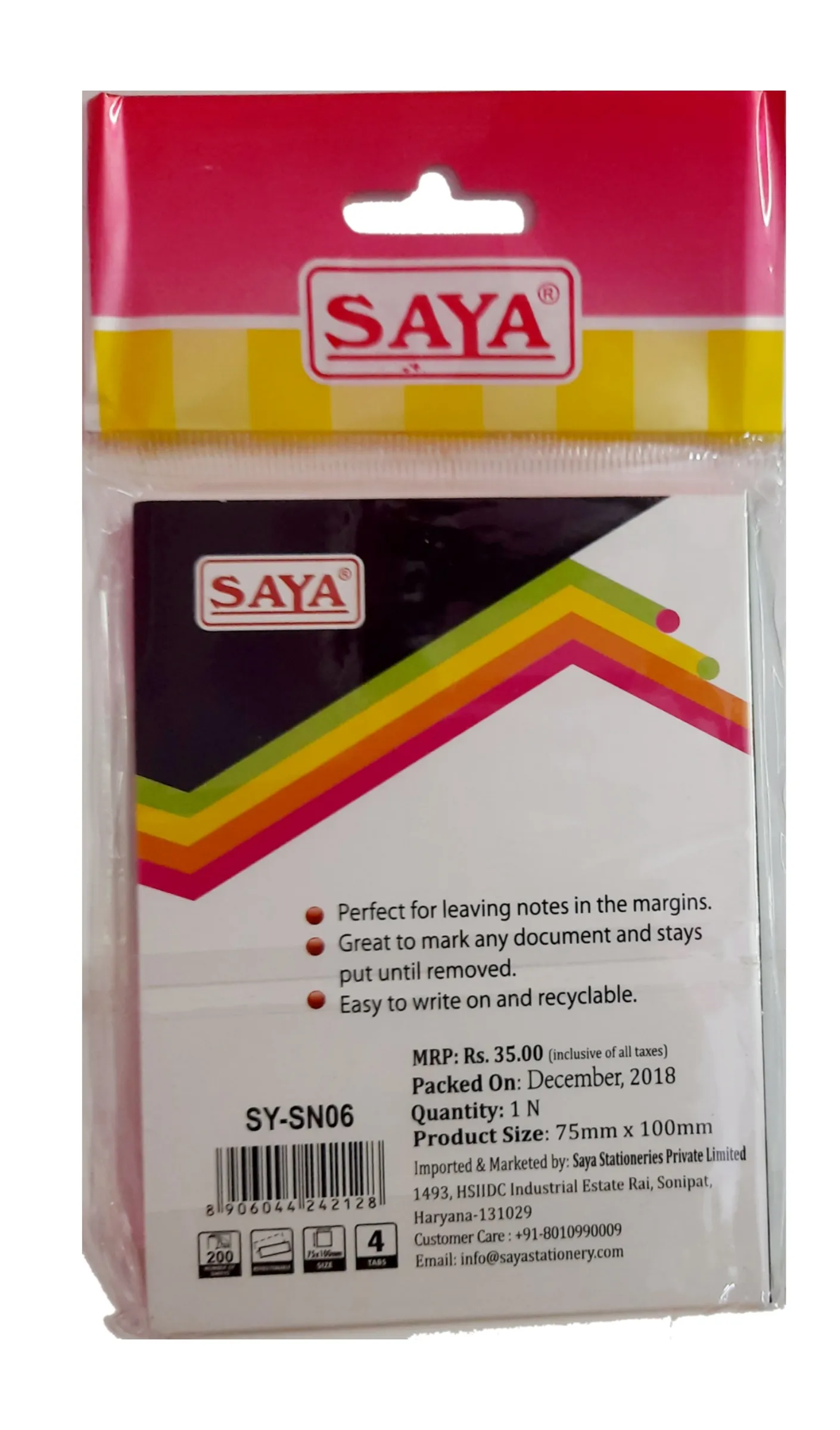 Saya Stick-eee Note Pads, 200 Sheets ,75X75mm, 4 Tabs, Pack of 1
