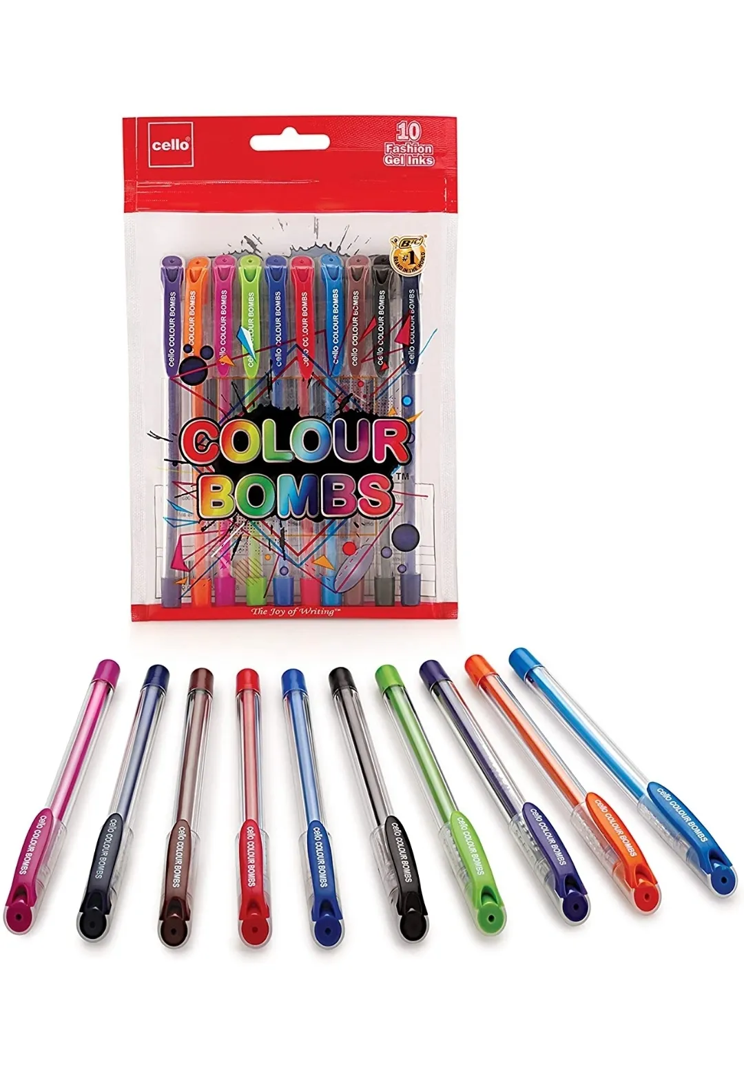 Cello Colour Bombs Coloured Ink Gel Pen Pack of 10 Assorted, 10 Vivid Ink Colors, Ideal for Art, Project Work, Presentation, Journal Work