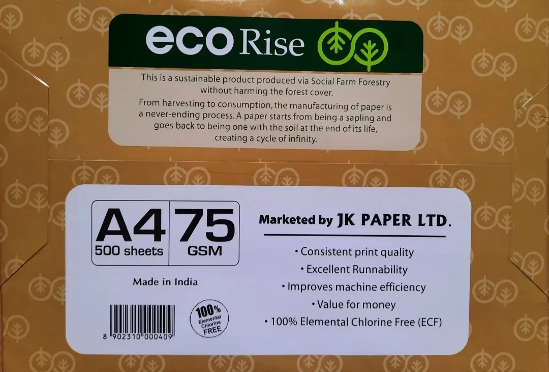 Eco Rise Printing Copy A4 Size JK Paper Eco Tree Friendly 75 GSM 500 Sheet Pack of 8