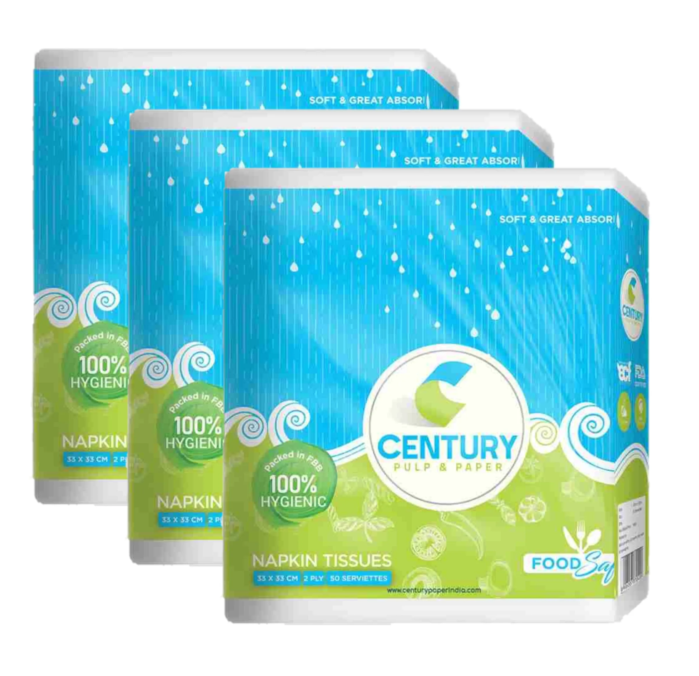 Century Food Safe Napkin Tissue (33 X 33 cm , 50 Pulls / Serviettes) - Pack Of 3