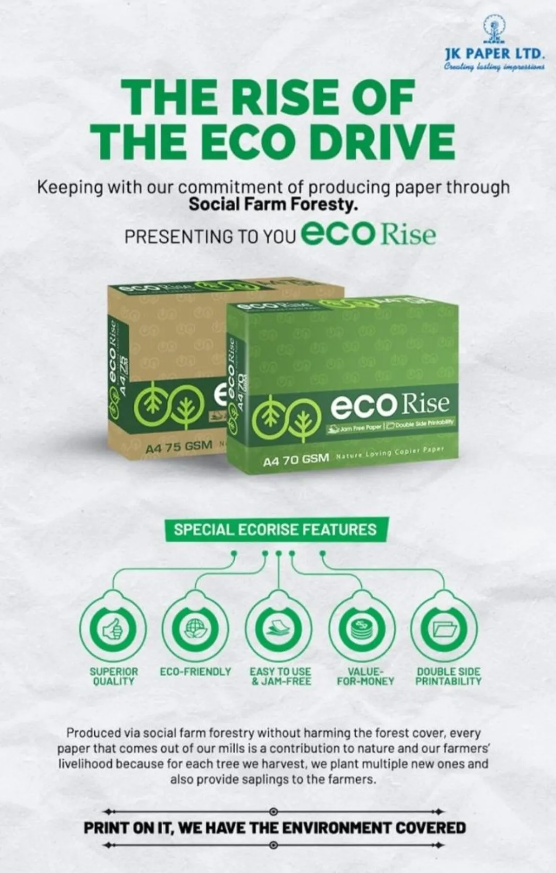 Eco Rise Printing Copy A4 Size JK Paper Eco Tree Friendly 70 GSM 500 Sheet Pack of 2