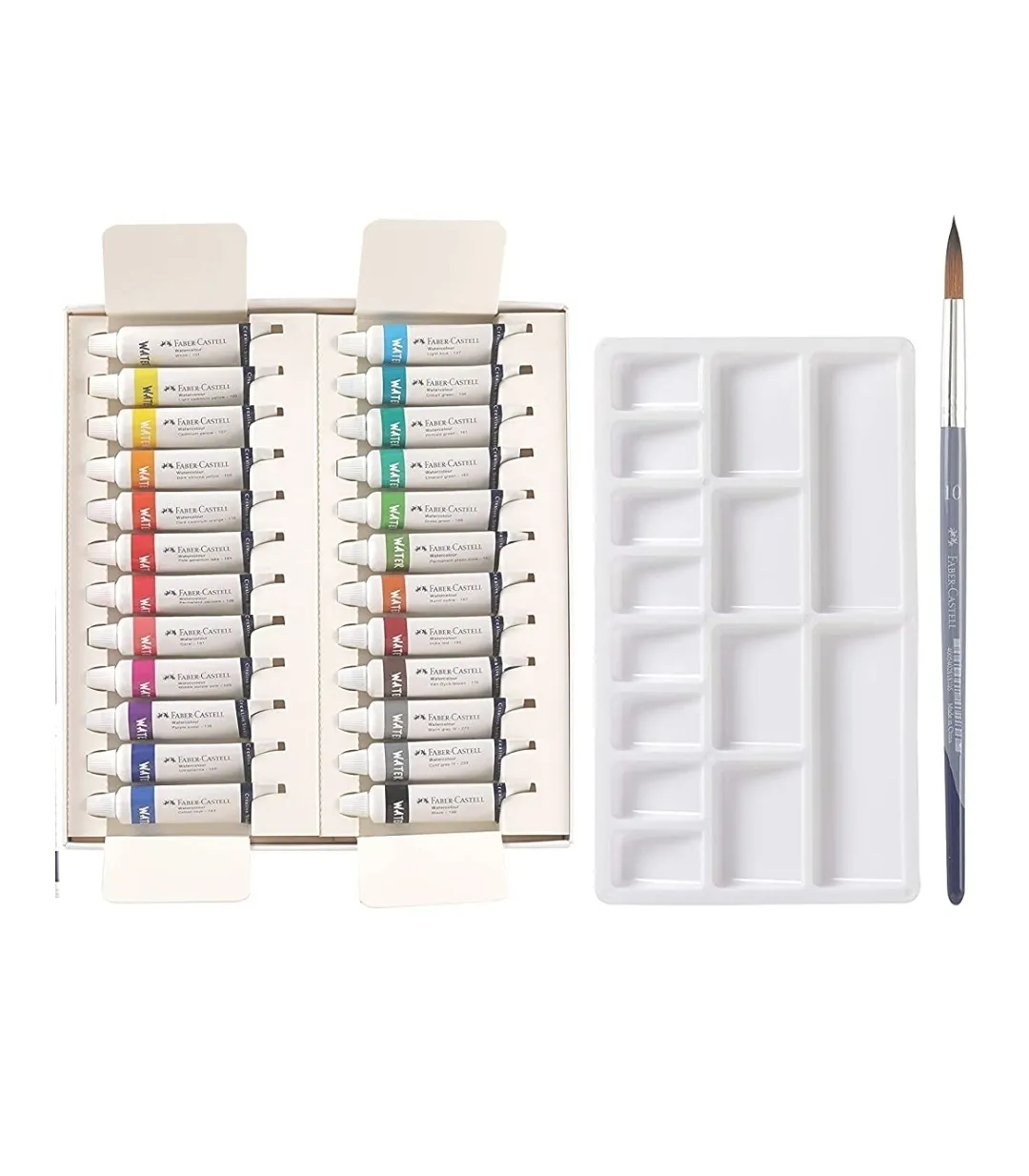 Faber Castell Creative Studio Water Colour 9ml Set of 24 shades With Free Size Brush And Palette Plate