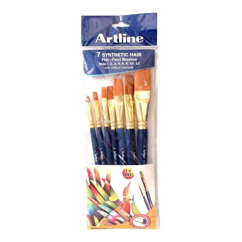 Artline 7 Flat Synthetic Hair Paint Brushes Set (Size 1,2,4,6,8,10,12) For Acrylic Colours