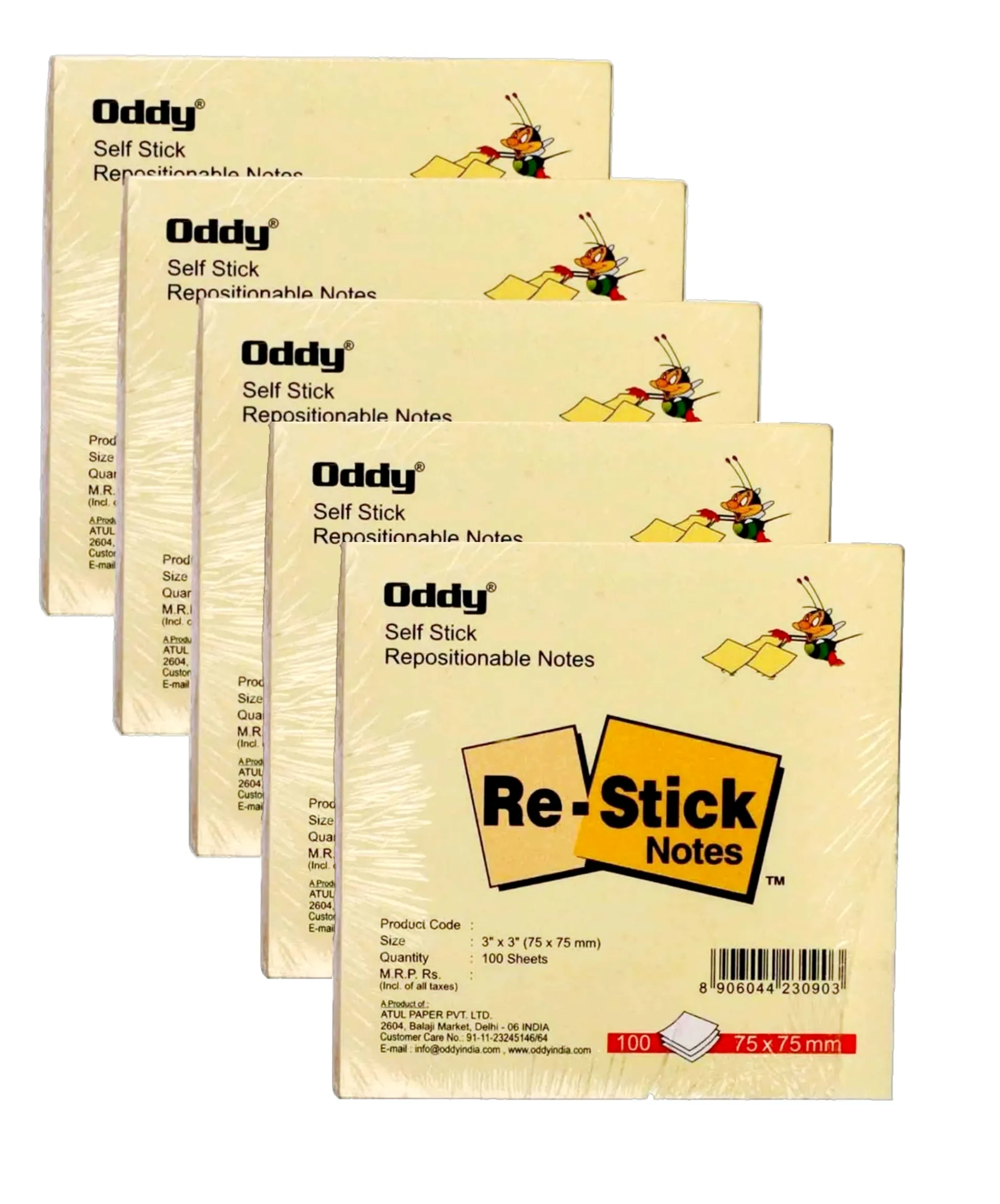 Oddy Self Stick Repositionable Notes 3"X3" (75X75 mm) 5 Pack of 100 Sheets