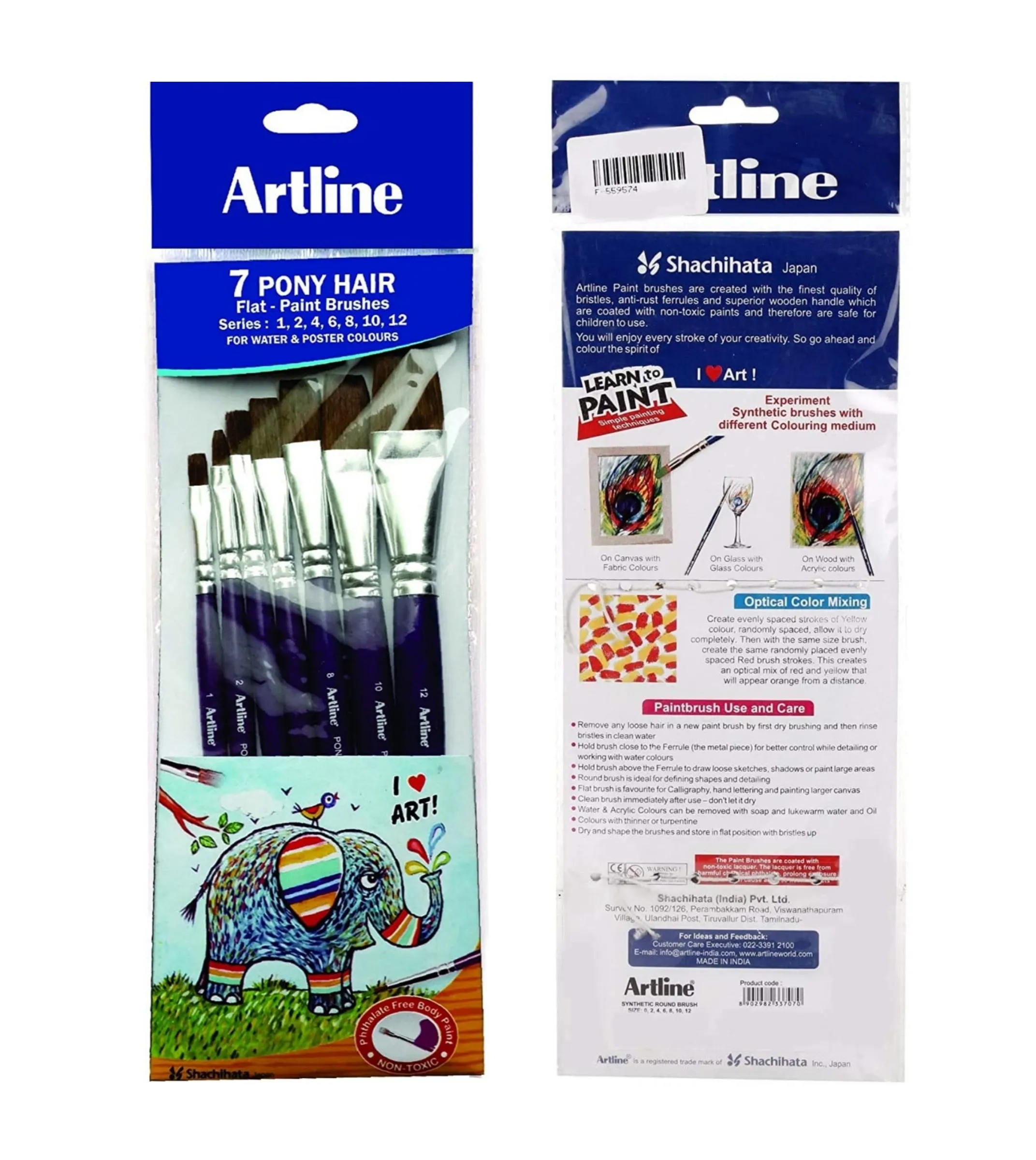 Artline 7 Flat Pony Hair Paint Brushes Set (Size 1,2,4,6,8,10,12) For Water & Poster Colours