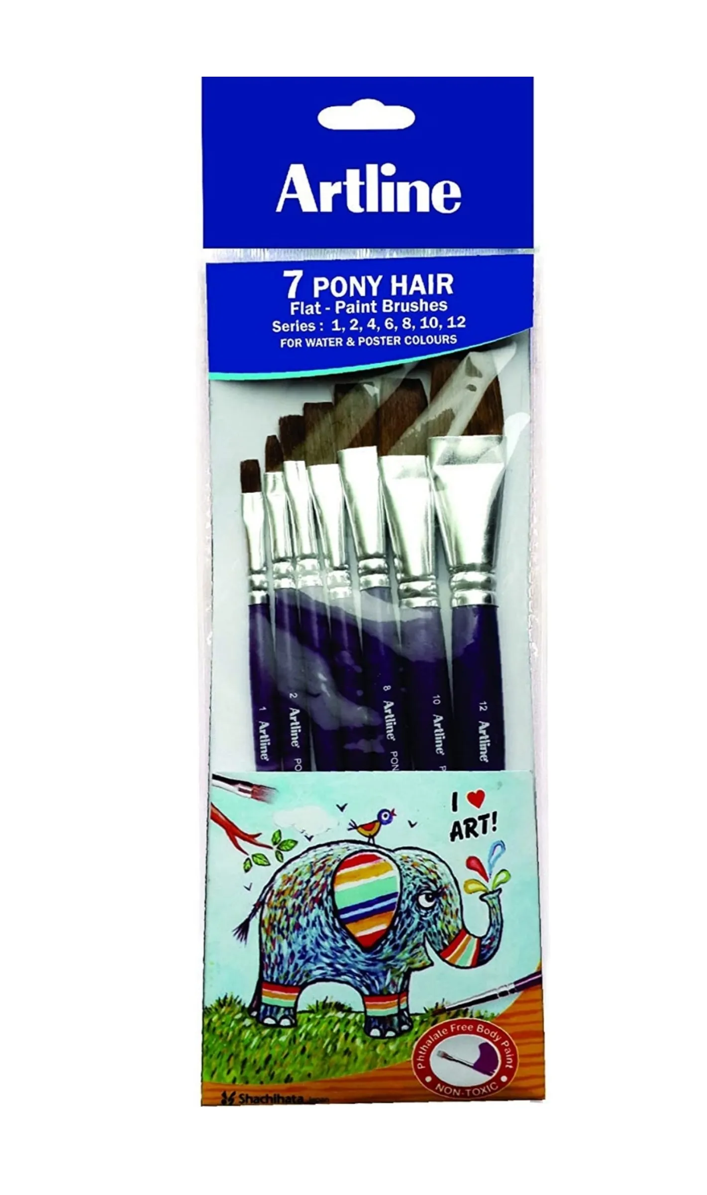 Artline 7 Flat Pony Hair Paint Brushes Set (Size 1,2,4,6,8,10,12) For Water & Poster Colours
