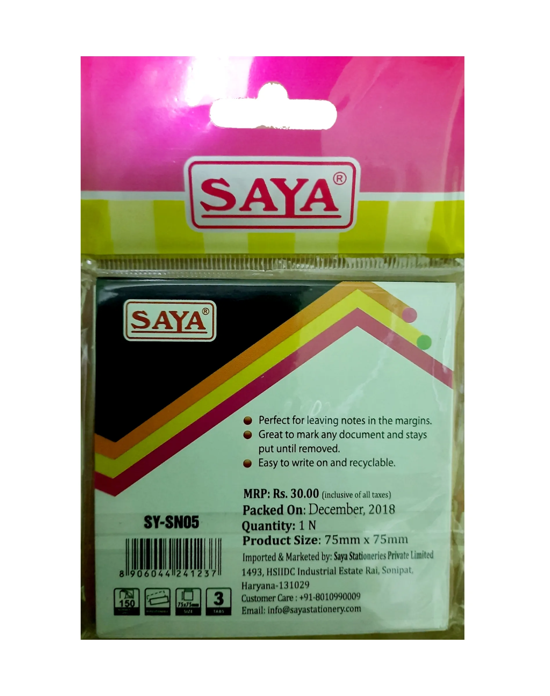 Saya Stick-eee Note Pads, 150 Sheets ,75X75mm,  3 Tabs, Pack of 1